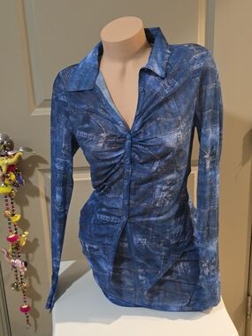 Fashion Nova Blue Denim-Look Button Shirt Matching Set